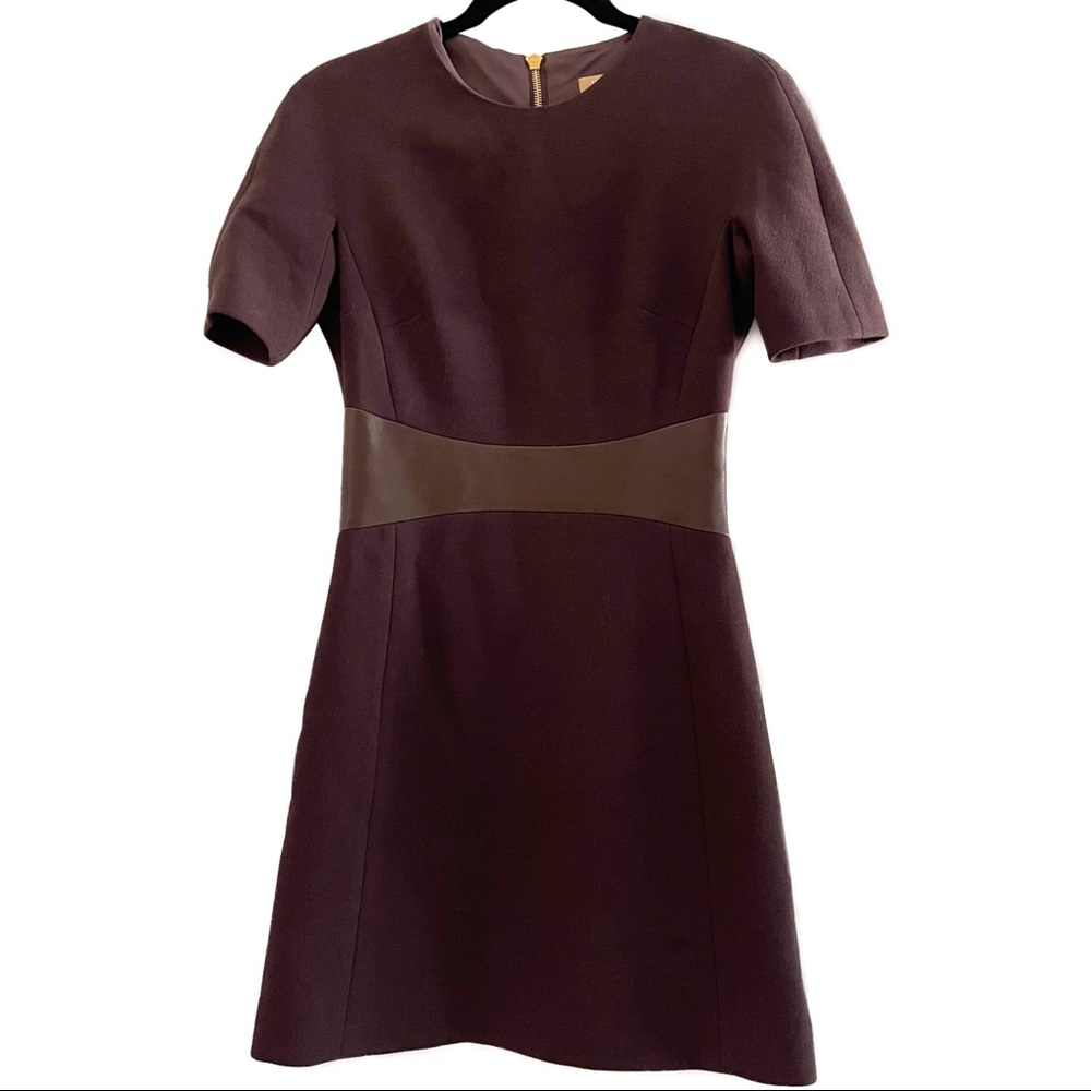 Michael Kors Collection Leather Waist Chocolate Brown Wool A-Line Dress